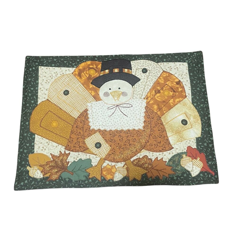 Six Thanksgiving Turkey Placemats Quilted Pilgrim Hat Set Fall Autumn Leaves